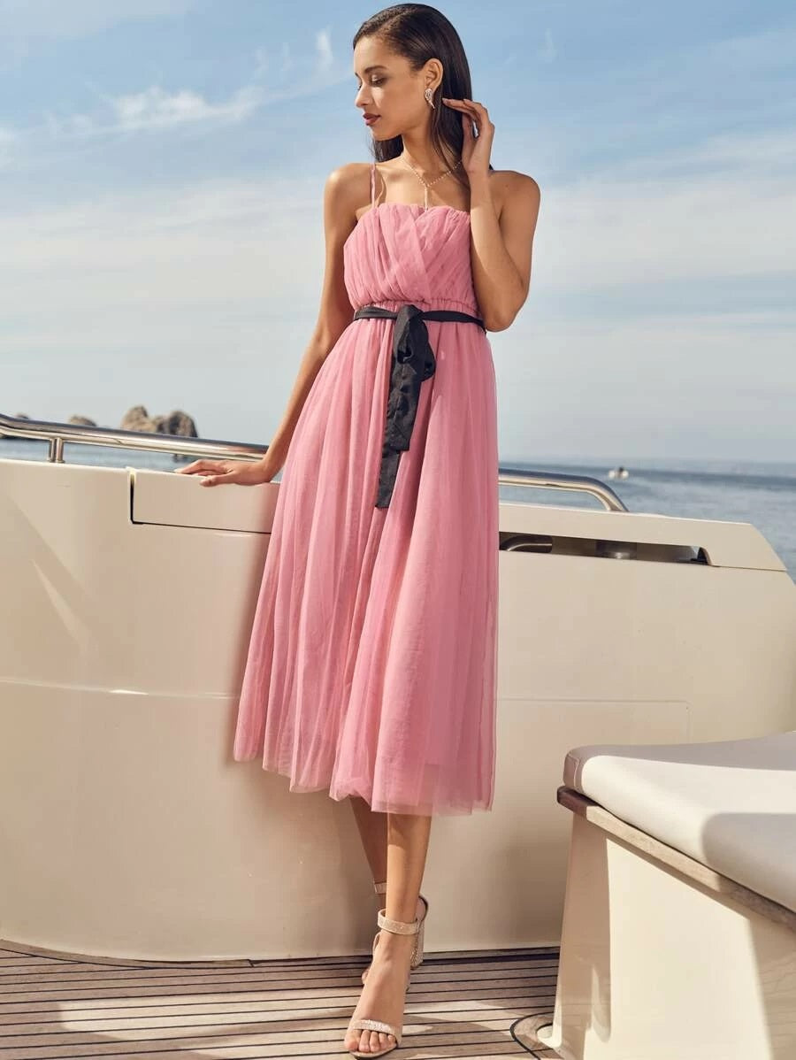 CM-DS225945 Women Elegant Seoul Style Sleeveless Ruched Mesh Overlay Cami Dress With Belt - Pink