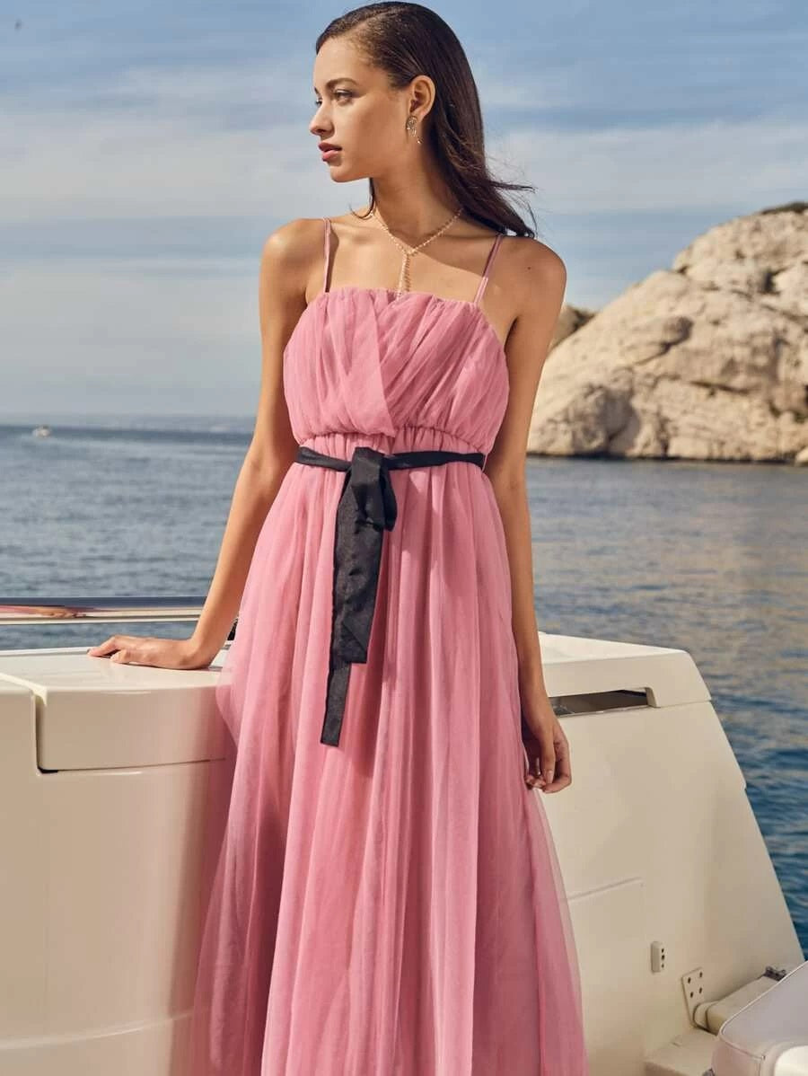 CM-DS225945 Women Elegant Seoul Style Sleeveless Ruched Mesh Overlay Cami Dress With Belt - Pink