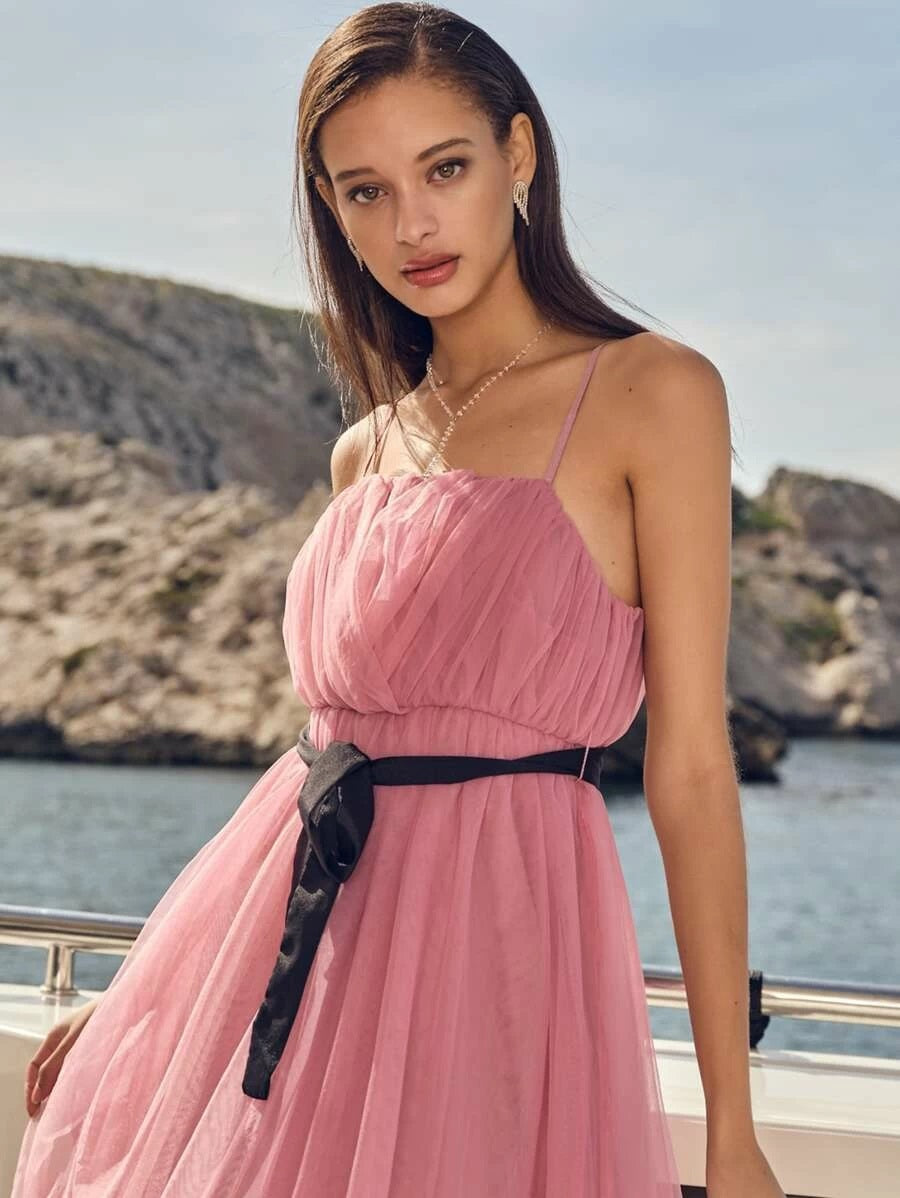 CM-DS225945 Women Elegant Seoul Style Sleeveless Ruched Mesh Overlay Cami Dress With Belt - Pink