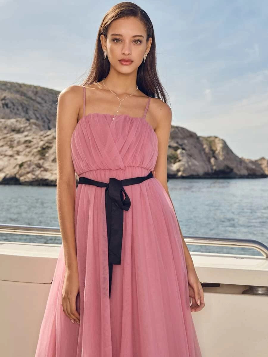 CM-DS225945 Women Elegant Seoul Style Sleeveless Ruched Mesh Overlay Cami Dress With Belt - Pink
