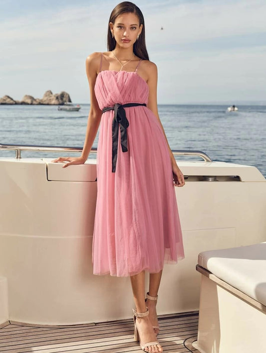CM-DS225945 Women Elegant Seoul Style Sleeveless Ruched Mesh Overlay Cami Dress With Belt - Pink