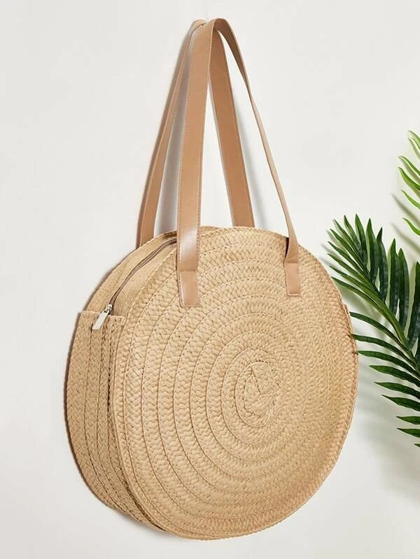 CM-BGS326257 Women Trendy Bohemian Style Round Woven Tote Bag - Khaki