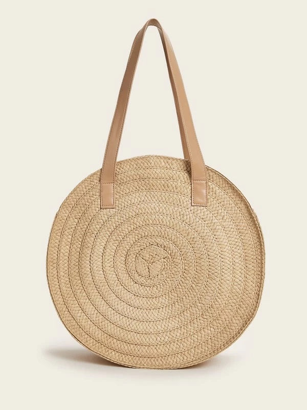 CM-BGS326257 Women Trendy Bohemian Style Round Woven Tote Bag - Khaki