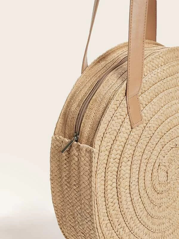 CM-BGS326257 Women Trendy Bohemian Style Round Woven Tote Bag - Khaki