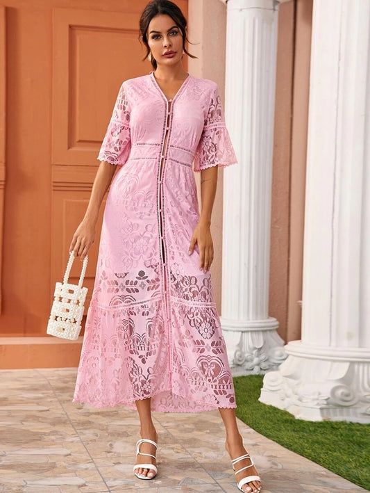 CM-DS326360 Women Elegant Seoul Style V-Neck Half Sleeve Pearls Button Through Lace Dress - Pink