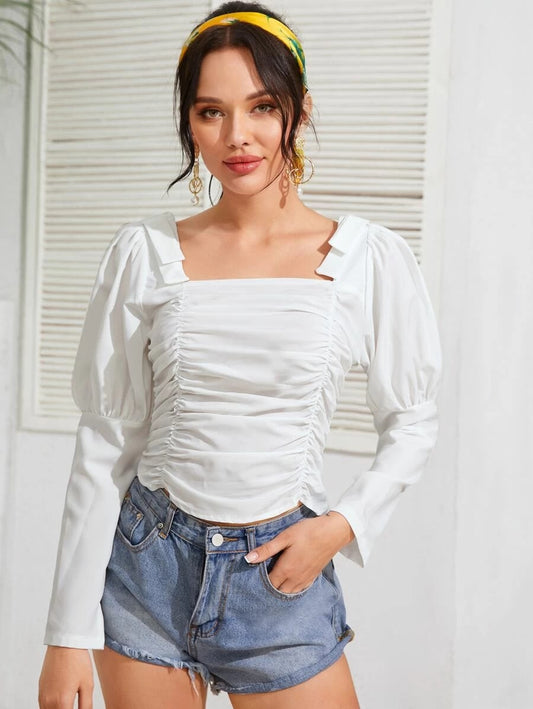 CM-TS102123 Women Elegant Seoul Style Square Neck Zip Back Gigot Sleeve Ruched Cropped Top - White