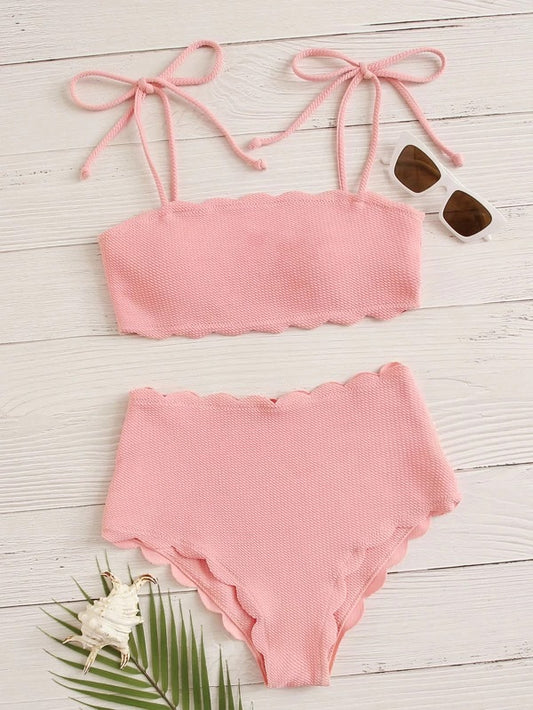 CM-SWS320827 Women Trendy Seoul Style Textured Scallop Tie Shoulder Bikini Swimsuit - Pink