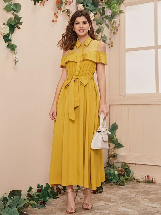 CM-DS109068 Women Casual Seoul Style Cold Shoulder Sheer Lace Insert Belted Long Dress - Yellow