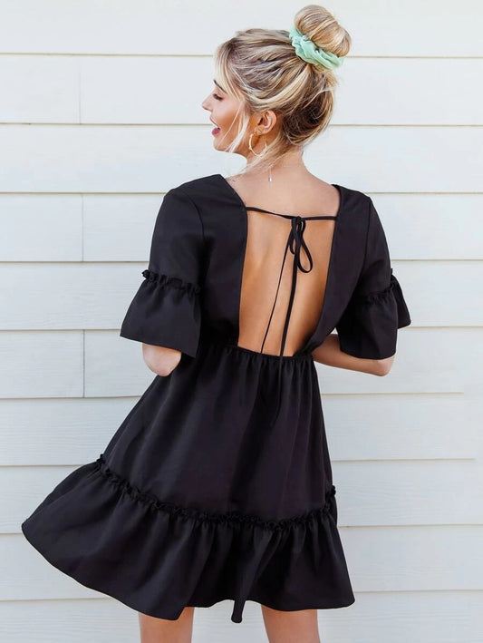 CM-DS309479 Women Casual Seoul Style Deep V-Neck Tie Back Bell Sleeve Ruffle Hem Dress - Black