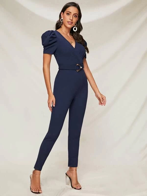 CM-JS102893 Women Elegant Seoul Style Surplice Neck Puff Sleeve Buckle Belted Jumpsuit - Navy Blue