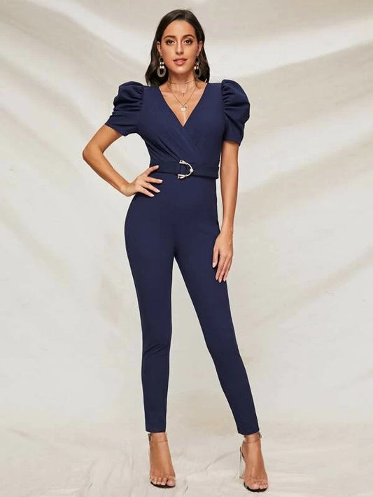 CM-JS102893 Women Elegant Seoul Style Surplice Neck Puff Sleeve Buckle Belted Jumpsuit - Navy Blue