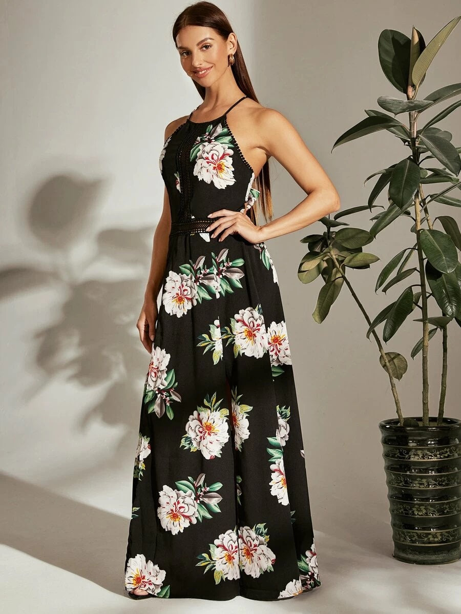 CM-DS320974 Women Trendy Bohemian Style Lace Trim Tie Back Split Thigh Floral Long Dress - Black