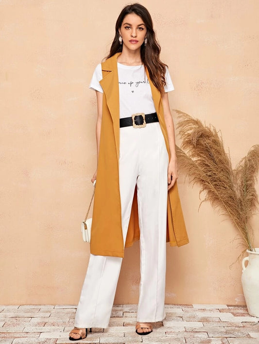 CM-CS319784 Women Casual Seoul Style Sleeveless Solid Notched Collar Longline Vest - Camel