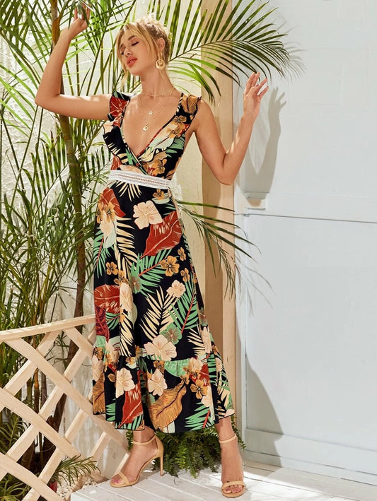 CM-DS320766 Women Trendy Bohemian Style Lace Up Backless Flippy Hem Tropical Print Dress