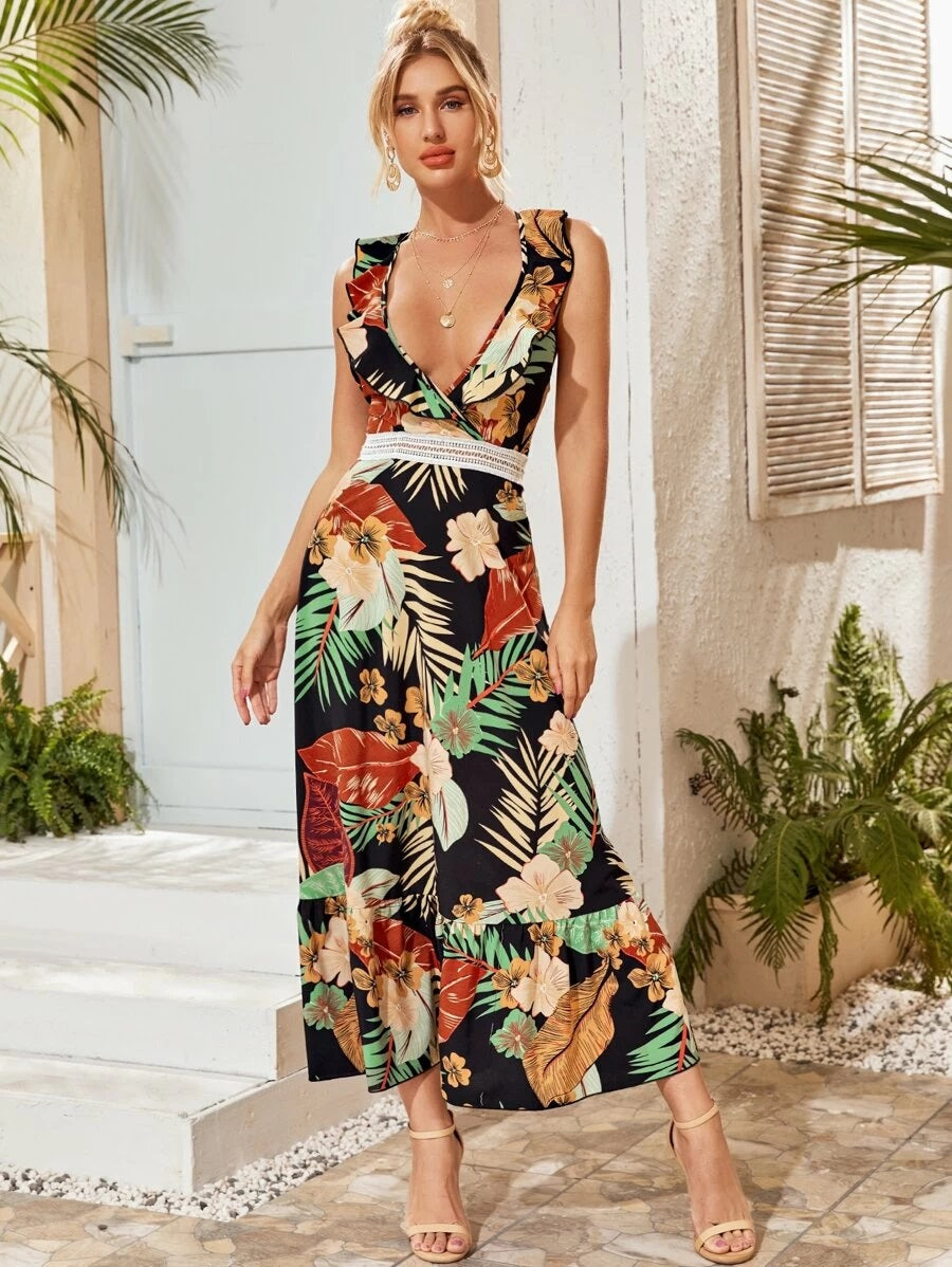 CM-DS320766 Women Trendy Bohemian Style Lace Up Backless Flippy Hem Tropical Print Dress