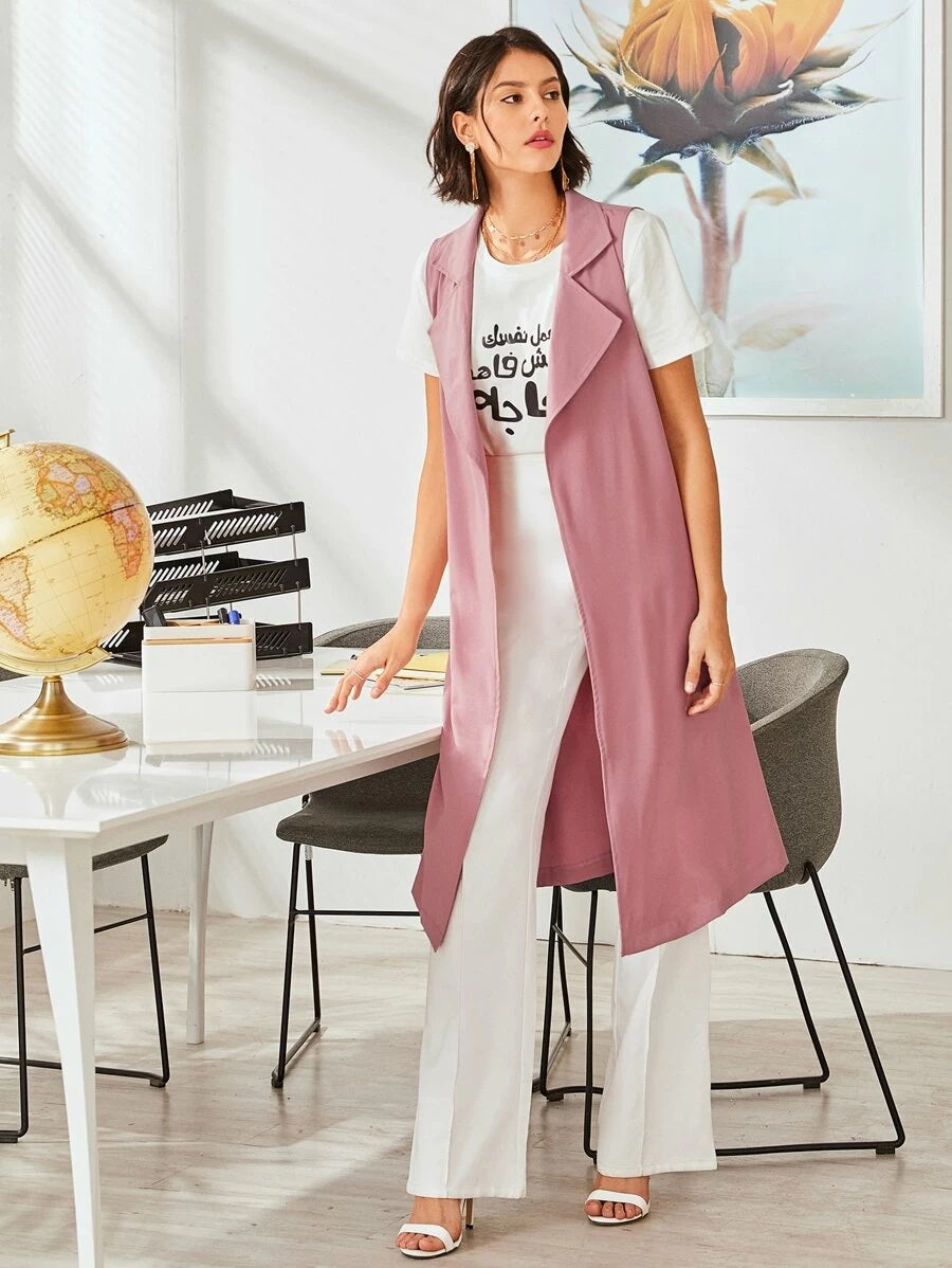 CM-CS325310 Women Casual Seoul Style Lapel Neck Belted Sleeveless Midi Coat - Pink