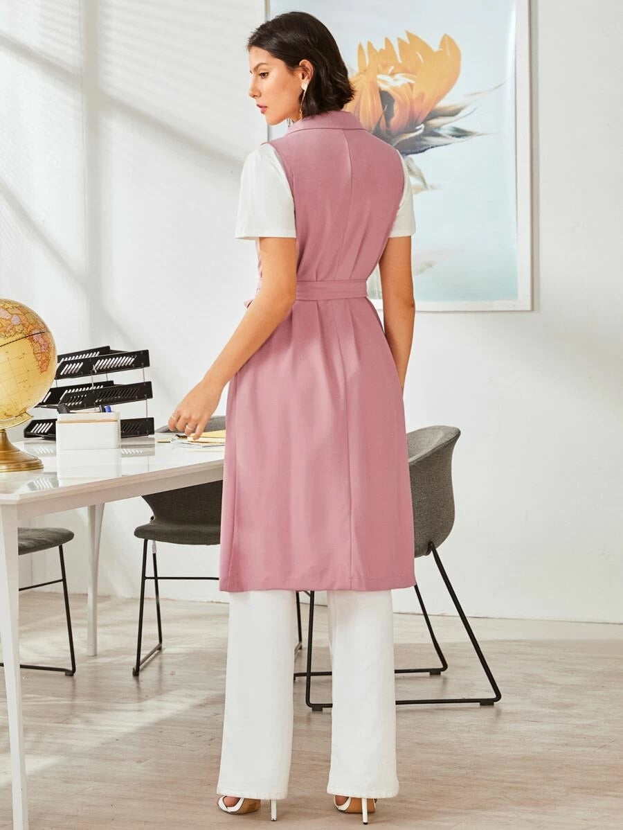 CM-CS325310 Women Casual Seoul Style Lapel Neck Belted Sleeveless Midi Coat - Pink