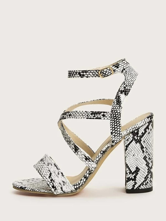 CM-SHS330245 Women Elegant Seoul Style Snakeskin Ankle Strap Chunky Heels
