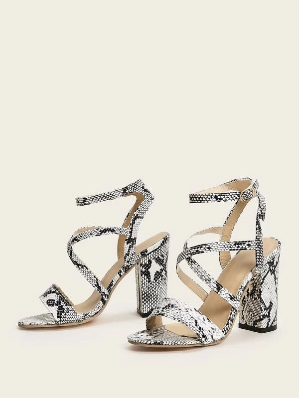 CM-SHS330245 Women Elegant Seoul Style Snakeskin Ankle Strap Chunky Heels