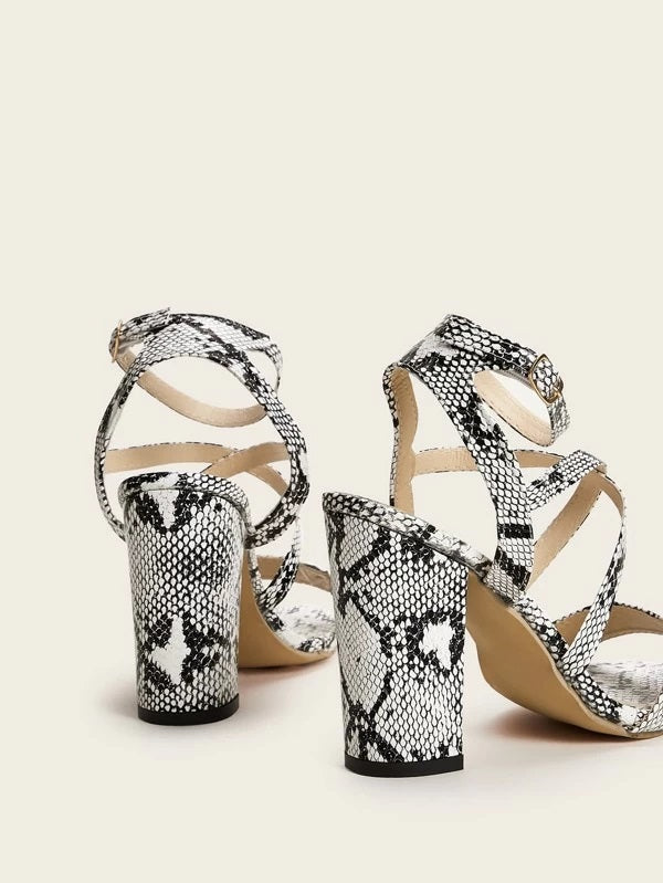 CM-SHS330245 Women Elegant Seoul Style Snakeskin Ankle Strap Chunky Heels
