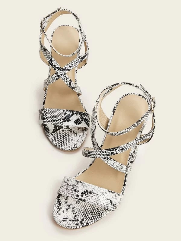 CM-SHS330245 Women Elegant Seoul Style Snakeskin Ankle Strap Chunky Heels