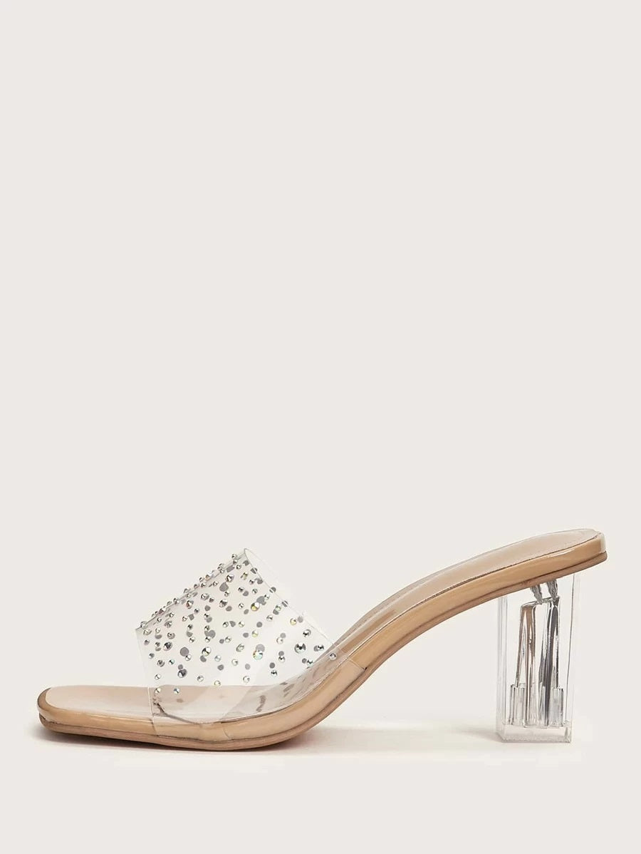 CM-SHS401690 Women Trendy Seoul Style Rhinestone Detail Clear Chunky Heeled Mules