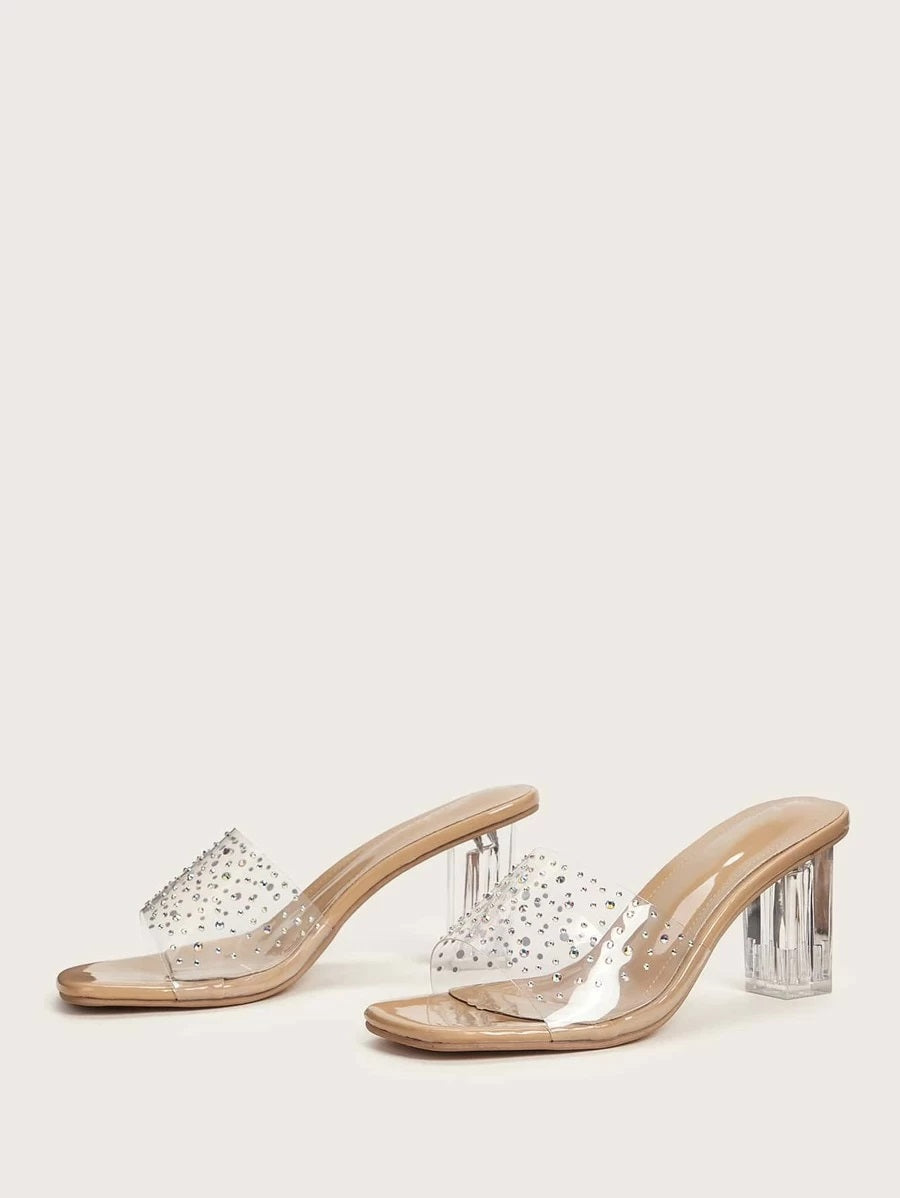 CM-SHS401690 Women Trendy Seoul Style Rhinestone Detail Clear Chunky Heeled Mules