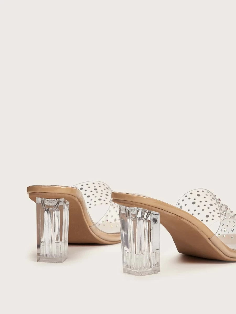 CM-SHS401690 Women Trendy Seoul Style Rhinestone Detail Clear Chunky Heeled Mules