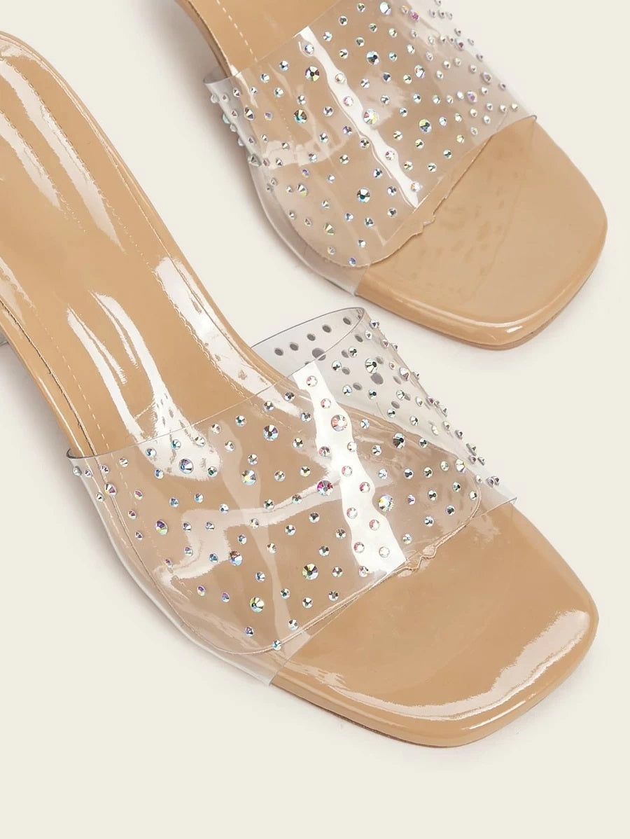 CM-SHS401690 Women Trendy Seoul Style Rhinestone Detail Clear Chunky Heeled Mules