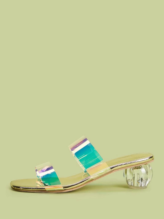 CM-SHS401928 Women Elegant Seoul Style Holographic Double Strap Heeled Mules