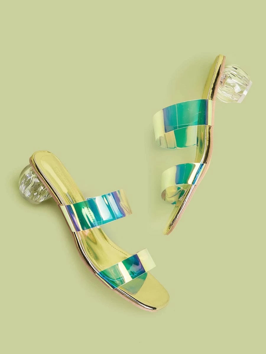 CM-SHS401928 Women Elegant Seoul Style Holographic Double Strap Heeled Mules