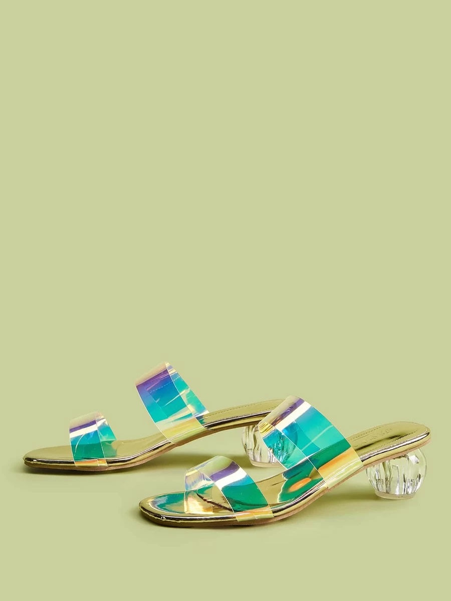 CM-SHS401928 Women Elegant Seoul Style Holographic Double Strap Heeled Mules