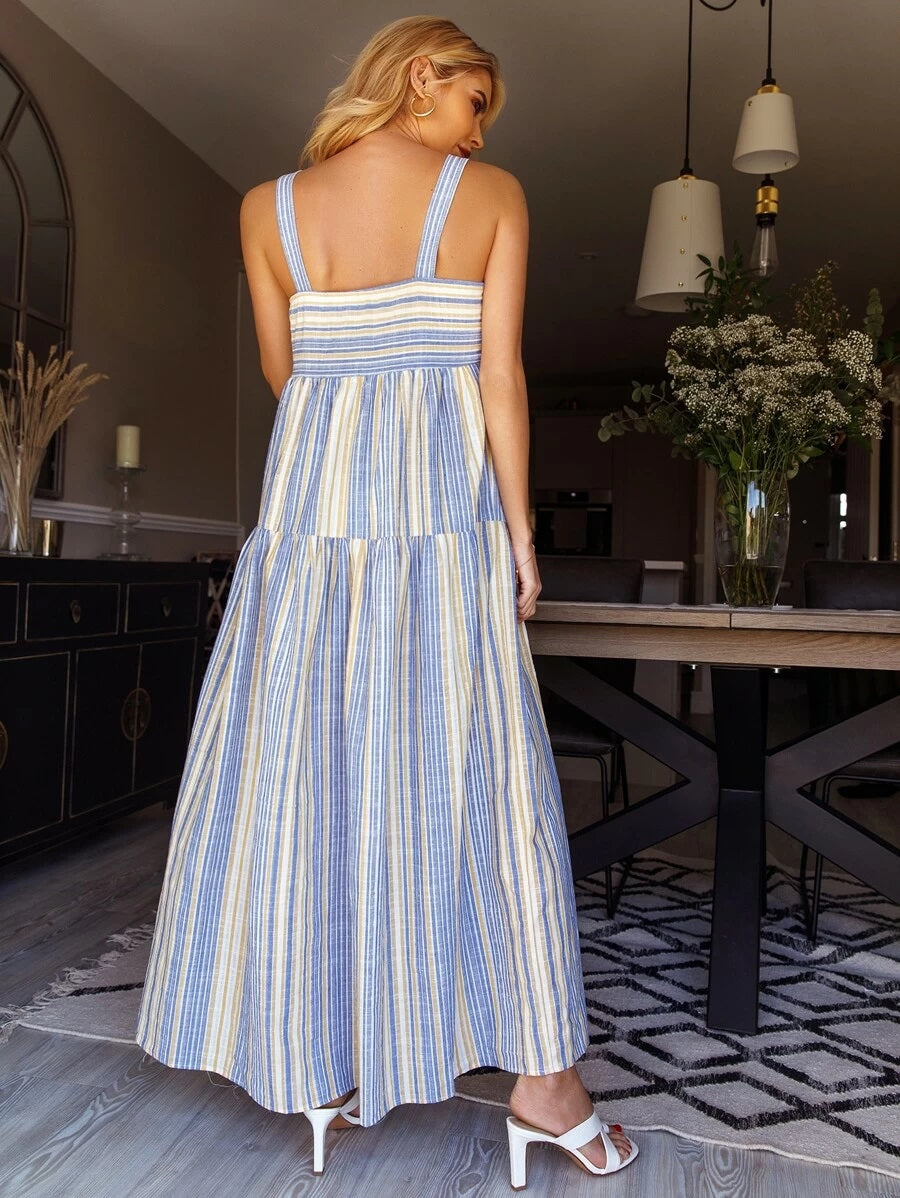 CM-DS313522 Women Trendy Bohemian Style Sleeveless Striped Maxi Cami Dress - Blue