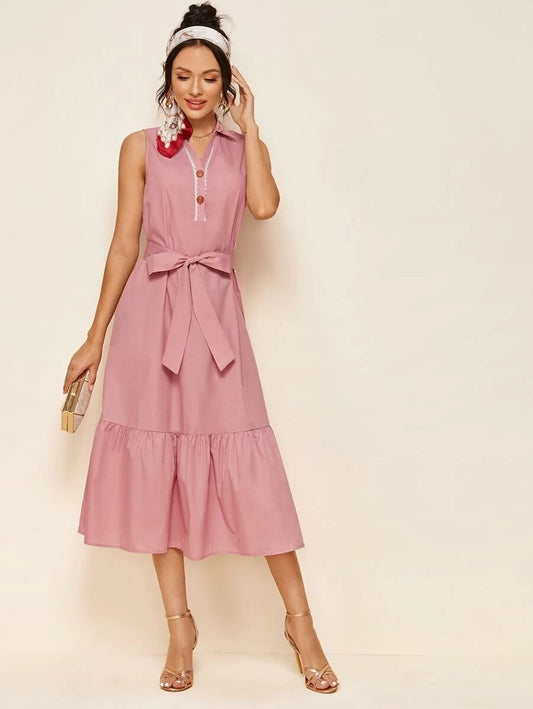 CM-DS108787 Women Casual Seoul Style Sleeveless Wave Tape Self Belted Ruffle Hem Shirt Dress