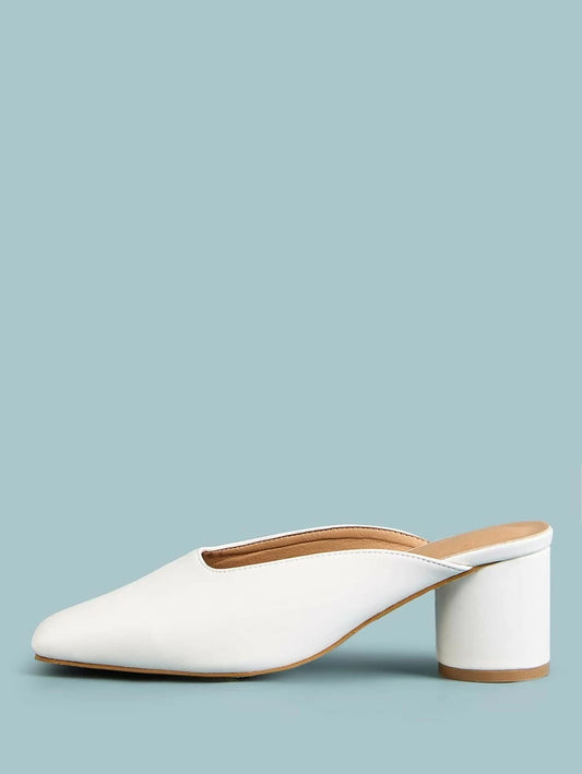 CM-SHS331656 Women Casual Seoul Style Square Toe High Vamp Chunky Heeled Mules - White