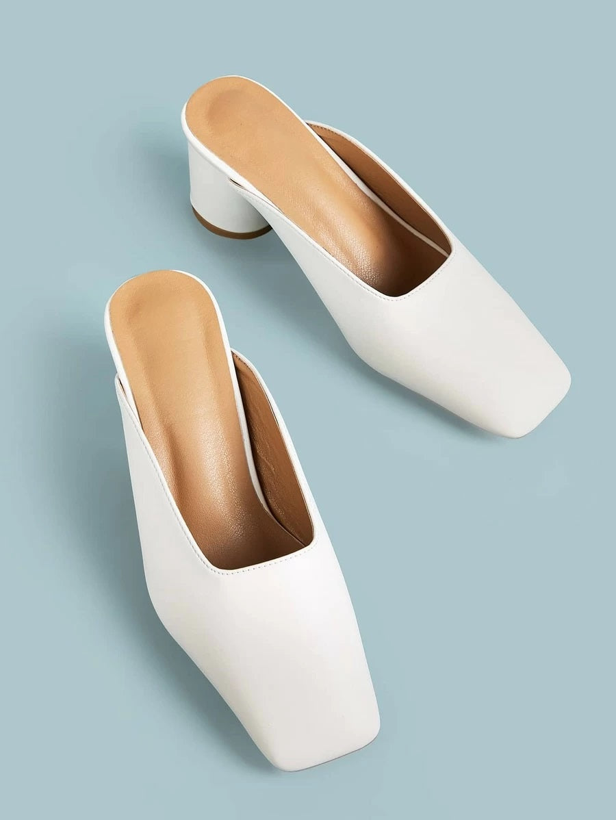 CM-SHS331656 Women Casual Seoul Style Square Toe High Vamp Chunky Heeled Mules - White