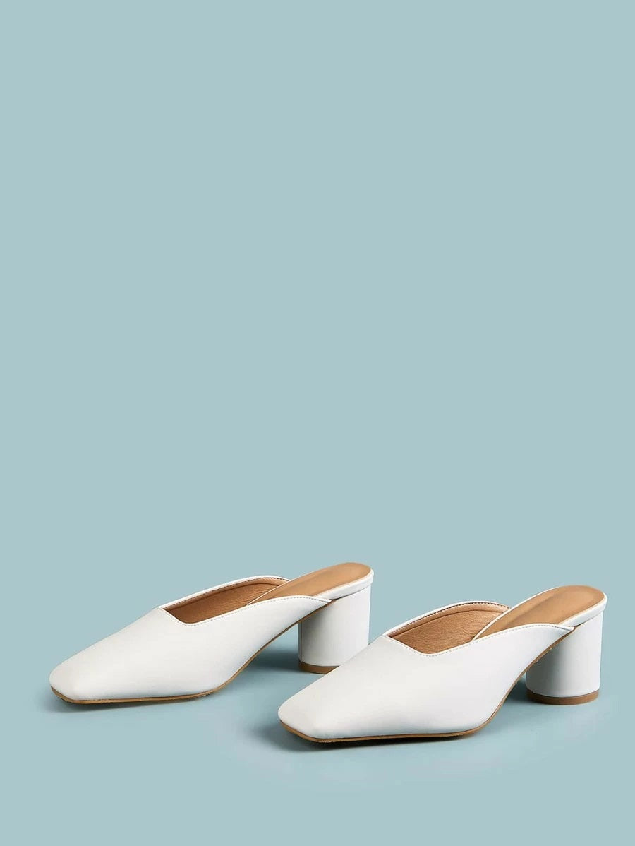 CM-SHS331656 Women Casual Seoul Style Square Toe High Vamp Chunky Heeled Mules - White
