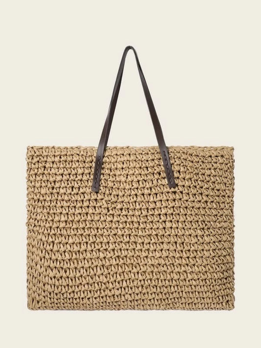 CM-BGS403295 Women Trendy Seoul Style Woven Raffia Tote Bag - Khaki