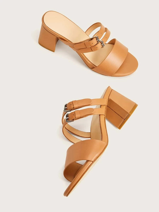 CM-SHS221937 Women Casual Seoul Style Double Buckle Strap Chunky Heeled Mules - Khaki