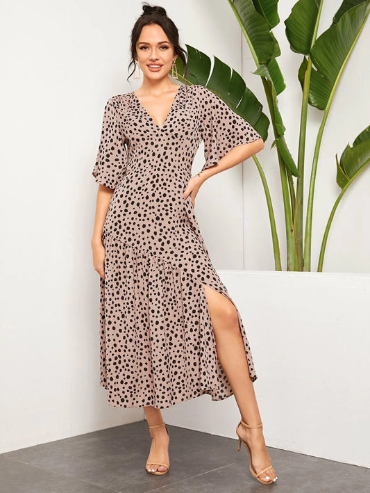 CM-DS403043 Women Trendy Bohemian Style Dalmatian Print Split Thigh Ruffle Dress - Khaki