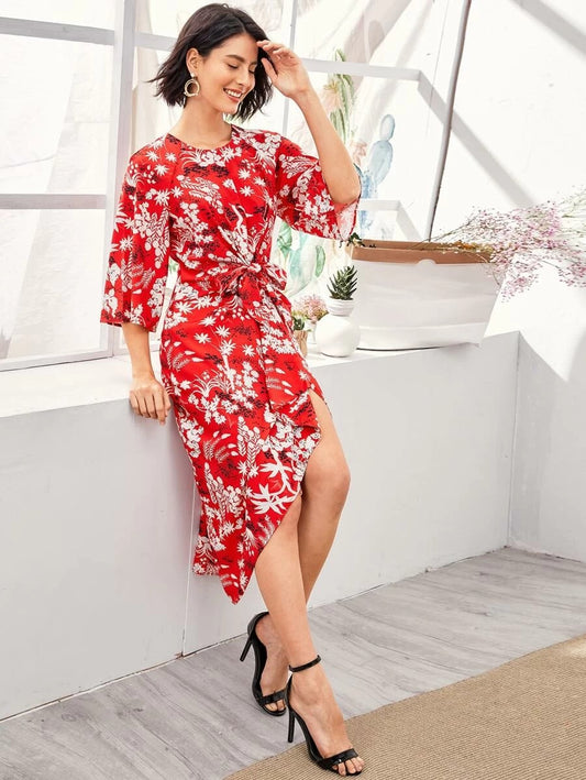 CM-DS327767 Women Trendy Bohemian Style Cut Out Back Leaf Print Tie Front Asymmetrical Dress