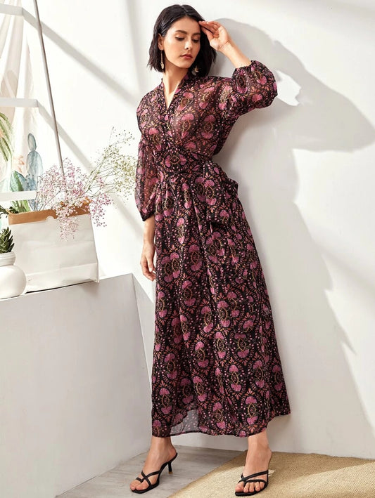 CM-DS331068 Women Elegant European Style V-Neck Allover Floral Print Tie Side Maxi Dress
