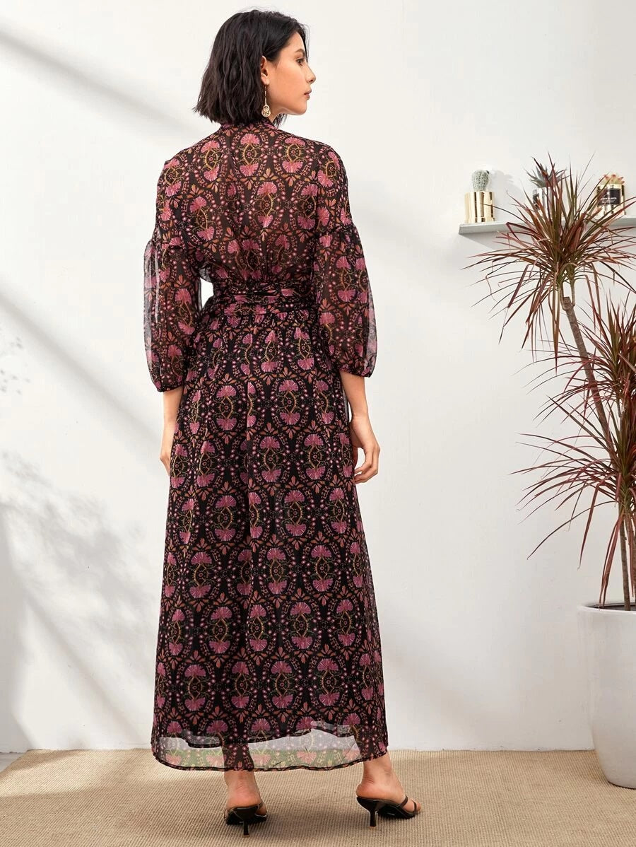 CM-DS331068 Women Elegant European Style V-Neck Allover Floral Print Tie Side Maxi Dress