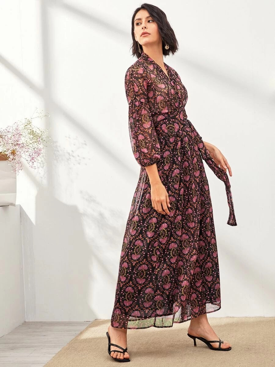 CM-DS331068 Women Elegant European Style V-Neck Allover Floral Print Tie Side Maxi Dress