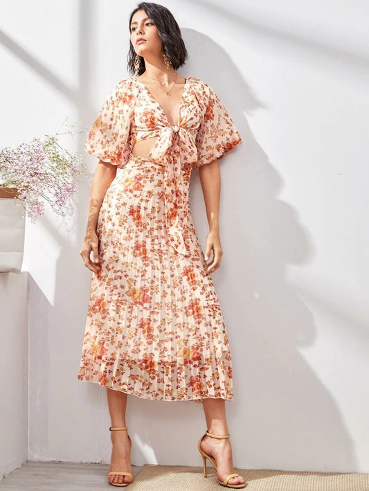 CM-DS324983 Women Elegant Seoul Style V-Neck Floral Print Tie Front Pleated Hem A-Line Dress