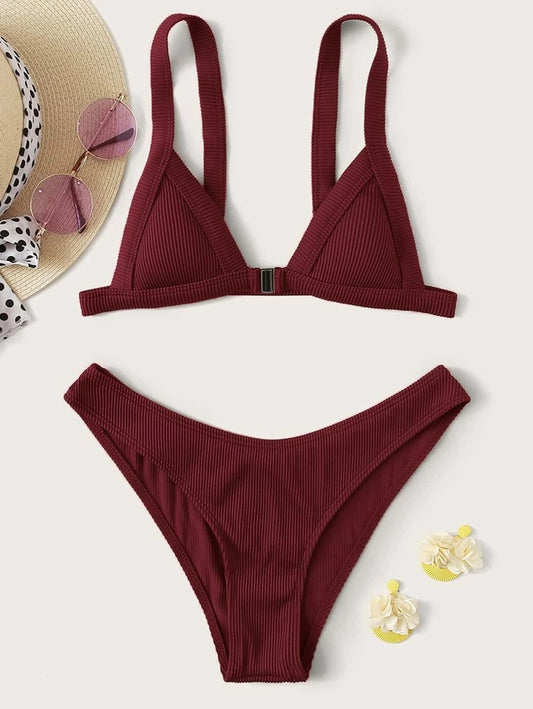 CM-SWS409764 Women Trendy Seoul Style Rib Triangle High Cut Bikini Swimsuit - Wine Red