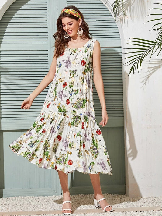CM-DS325627 Women Trendy Bohemian Style Round Neck Tropical Print Textured Babydoll Dress