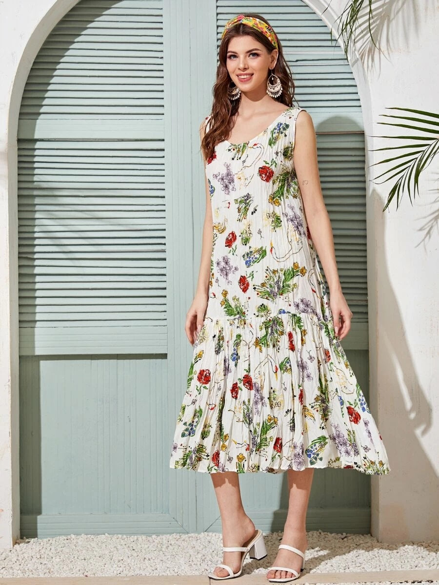 CM-DS325627 Women Trendy Bohemian Style Round Neck Tropical Print Textured Babydoll Dress