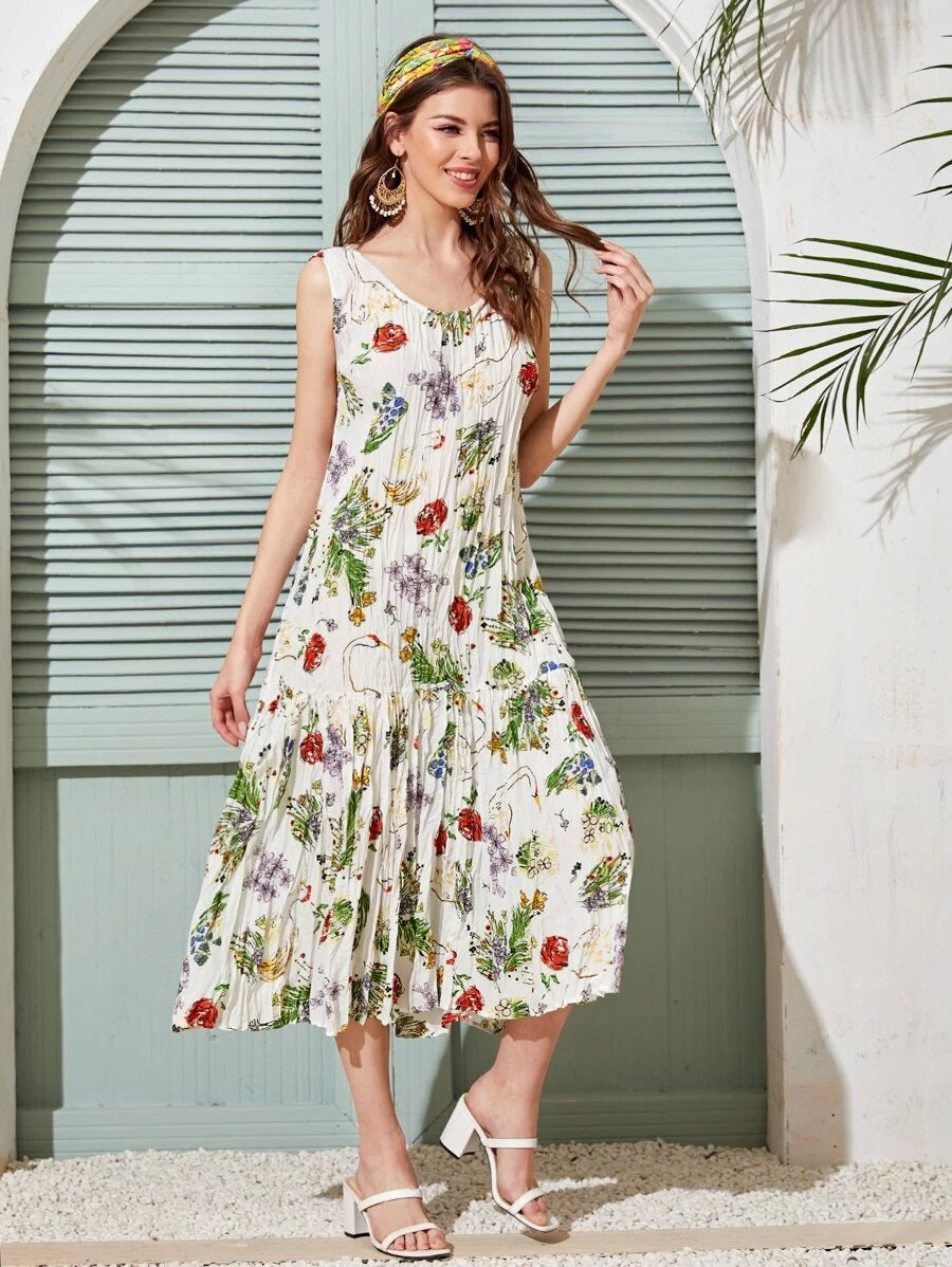 CM-DS325627 Women Trendy Bohemian Style Round Neck Tropical Print Textured Babydoll Dress