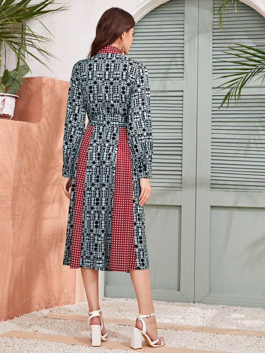 CM-DS402737 Women Elegant European Style Long Sleeve Tie Neck Allover Polka Dot A-Line Dress